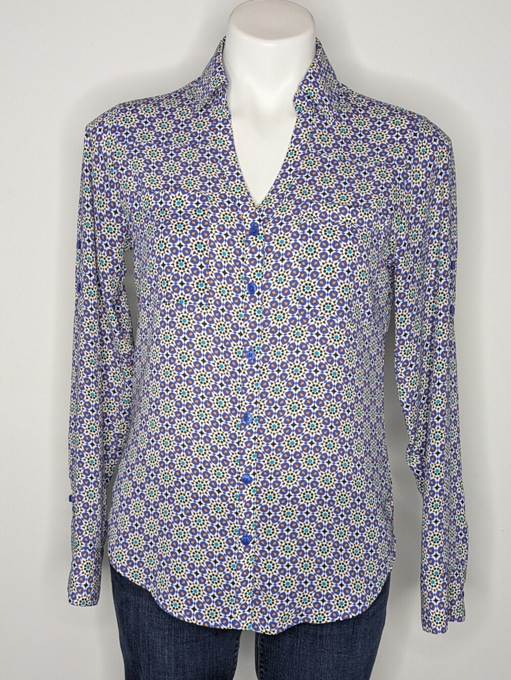 Express Portofino Original Fit Blue White Yellow Floral Long Sleeve Button Up XS